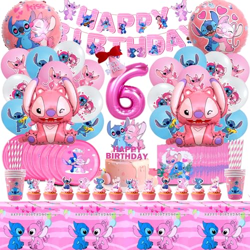104 Pcs Stitc Decoração de aniversário, Stitc balões de aniversário 6 anos, Stitc Globo Helio 6, pratos e copos de festa Stitc, decoração bolo, guardanapos, Stitc Festa infantil conjunto de louça