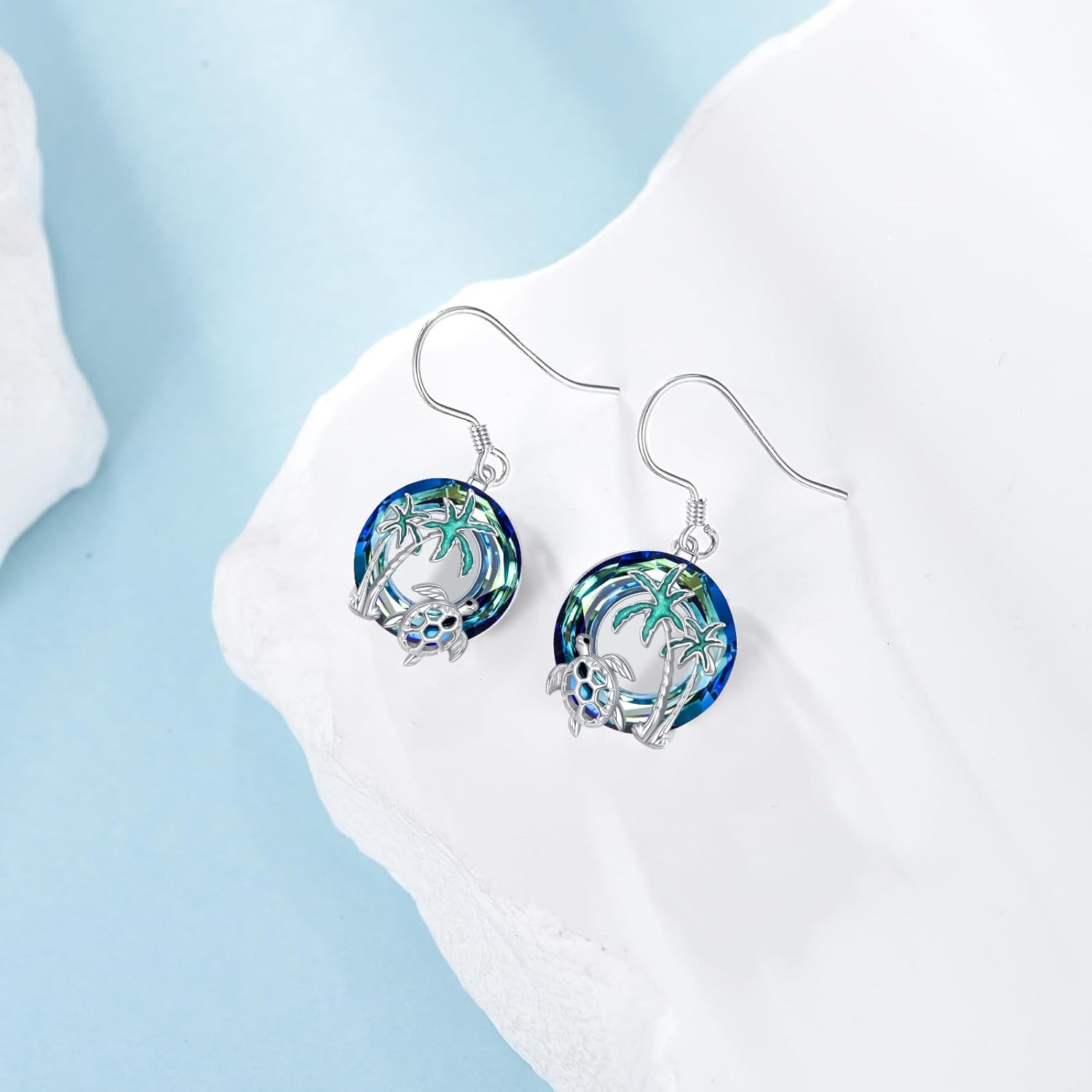 YAFEINI Sea Turtle Earrings 925 Sterling Silver Created Blue Crystal Sea Turtle Dangle Earrings Ocean Jewelry Gifts for Women - Image 2