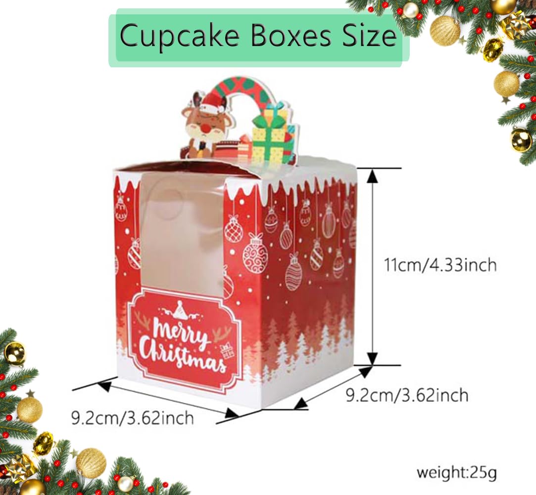 Allbusky 12PCS Christmas Individual Cupcake Boxes Muffin Boxes Cake Boxes and Inserts, 4 Styles Single Cupcake Carrier - Image 2