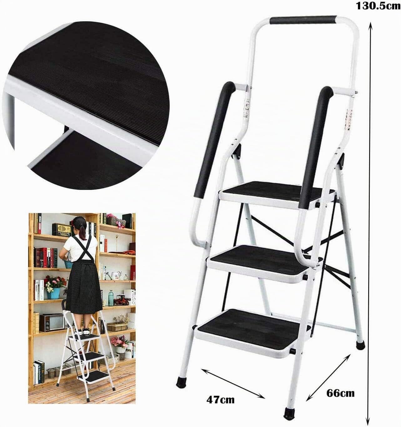 Escabeau à 3 marches avec main courante - Antidérapant - Pliable - Pour bureau de garage - Capacité maximale : 330 kg - Échelle pliable multi-usages - Certifié TÜV Rhénanie GS