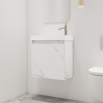 20 Inch Floating Bathroom Vanity with Sink, Modern Wall Mounted Vanity Set with Ceramic Basin and 1 Soft Close Door Cabinet for Small Spaces, Space-Saving Storage, Plywood, White. N7520-CWW