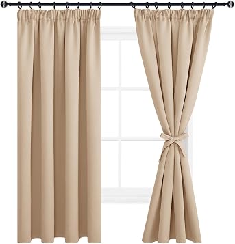 DWCN Blackout Curtains for Bedroom Thermal Insulated Curtain with Tiebacks Pencil Pleat Window Curtains for Living Room 46 x 54 inch Length, Beige, 2 Panels