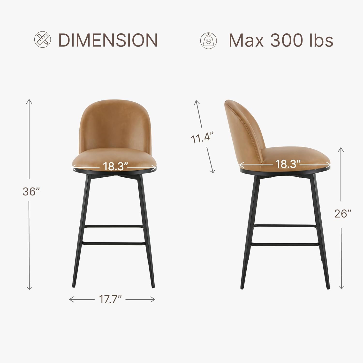 KISLOT Counter Height Swivel Bar Stools Set of 2, 26" Upholstered Faux Leather Barstools with Backs and Metal Legs for Kitchen Island,Brown