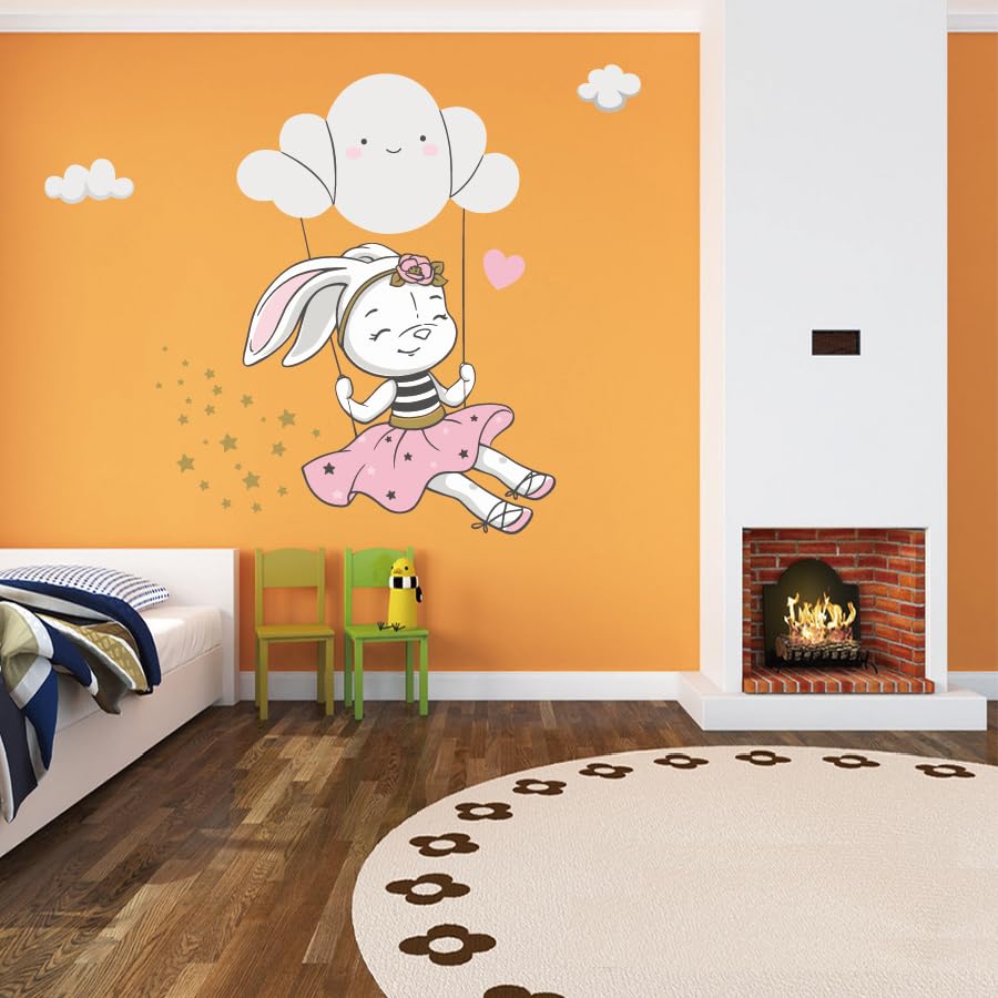 Image of Vinyl Cute Bunny Swing On Cloud Kids Peel and Stick Wall Stickers - Nursery, Baby Room, Bedroom, Living Room, Door, Study - Boho Wall Decoration, 60 x 1 cm, Stars Wall Decals for Baby Boy