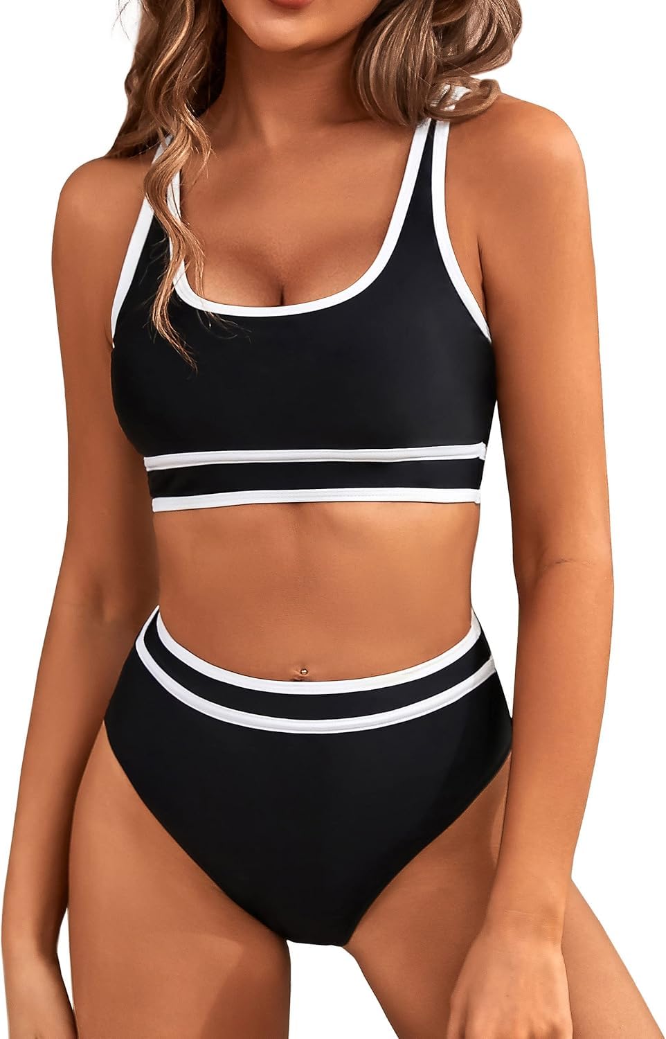 Women’s Two-Piece Swimsuit | Sports Bra Bikini Top with High-Waisted Bottom | Black with Stripes | Stylish Swimwear Set