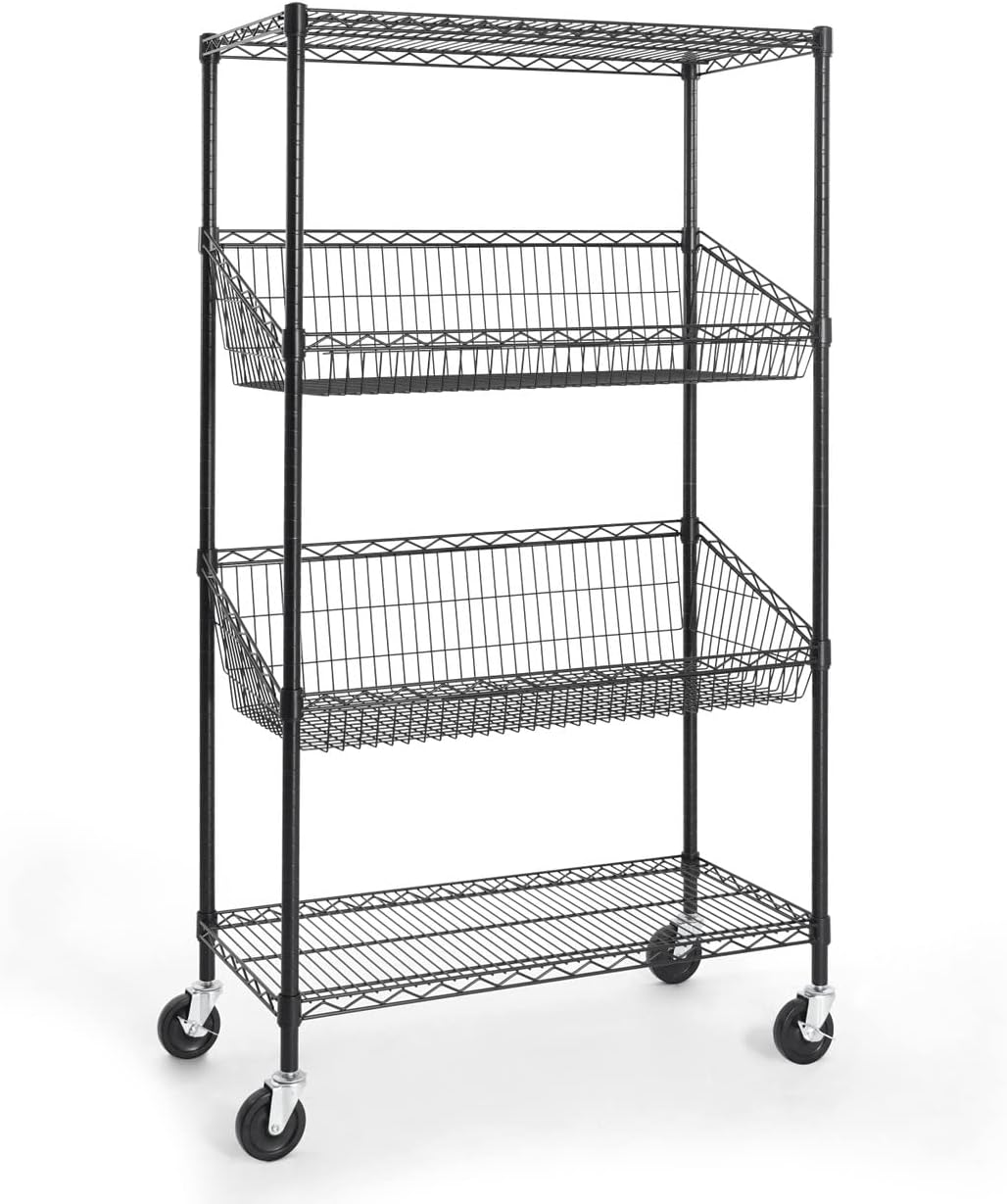 CAPHAUS NSF Commercial Heavy Duty 4 Tier Wire Shelving with Two Trapezoid Baskets, Wheels, Leveling Feet, Black Storage Shelf for Basement Garage and Utility Storage