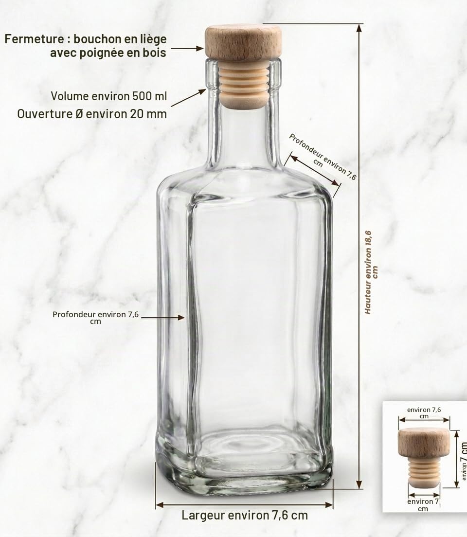 gouveo Lot de 12 bouteilles en verre 500 ml Carré Pharmacien avec bouchon en liège (HGK) - Bouteille 0,5 l à remplir et à offrir - Bouteille vide pour gin, liqueur, huile, vinaigre (AFET500HGK)