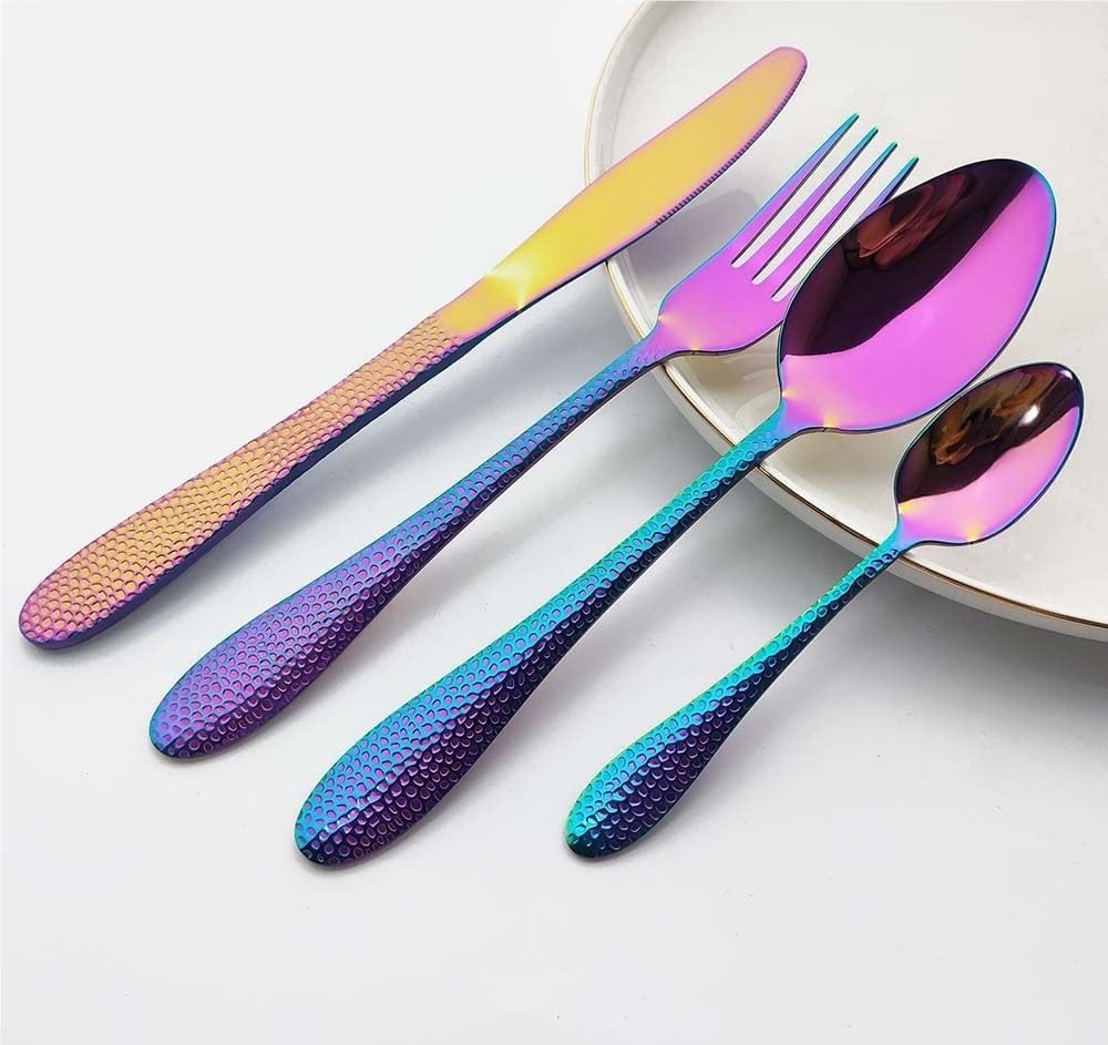 OLSKFUH Cutlery Flatware Cutlery Set, 4/16/24/32/40/48Pcs Blue Stainless Steel Water Ripple Snakeskin Handle Tableware Creative Tableware Tea Spoon Cake Fork,Rainbow-6Set