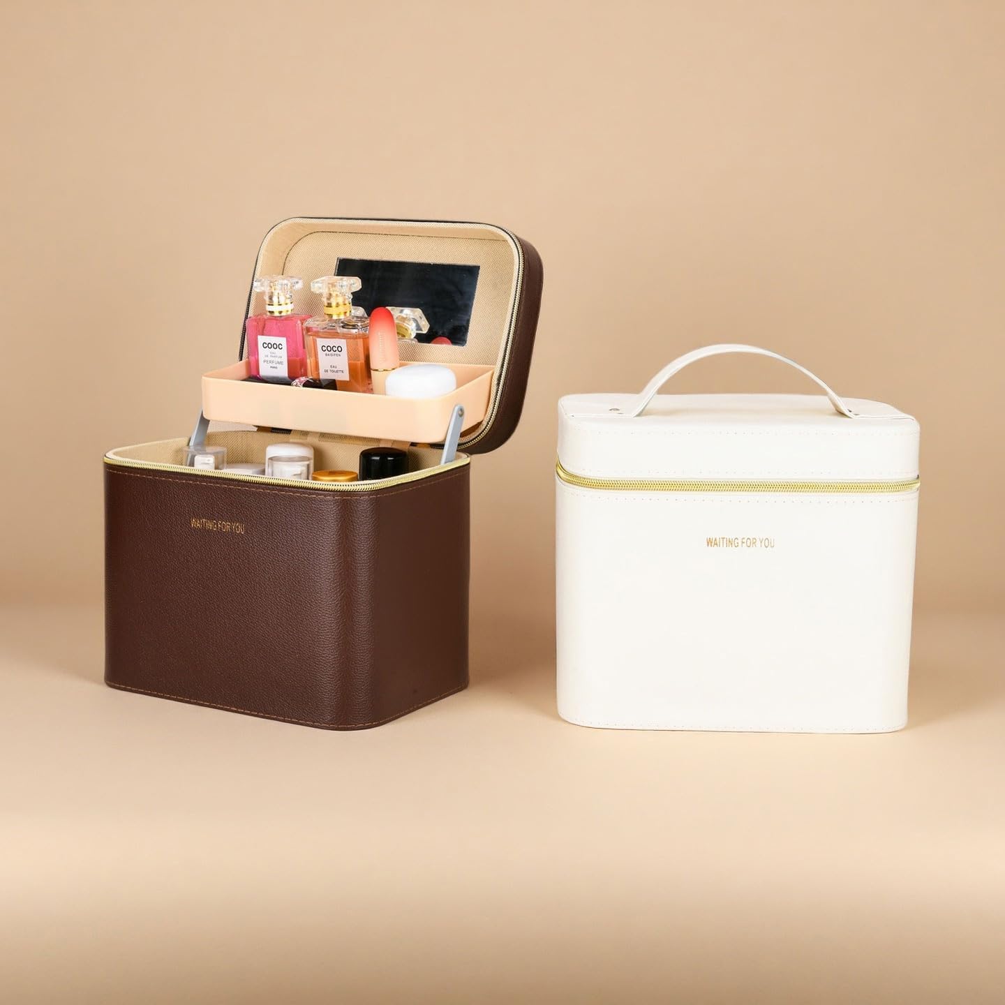 Luxury Fashion makeup box, Portable leather hard cosmetic case with mirror, Sturdy train case make up box for women adults. (Double-white) - Image 5