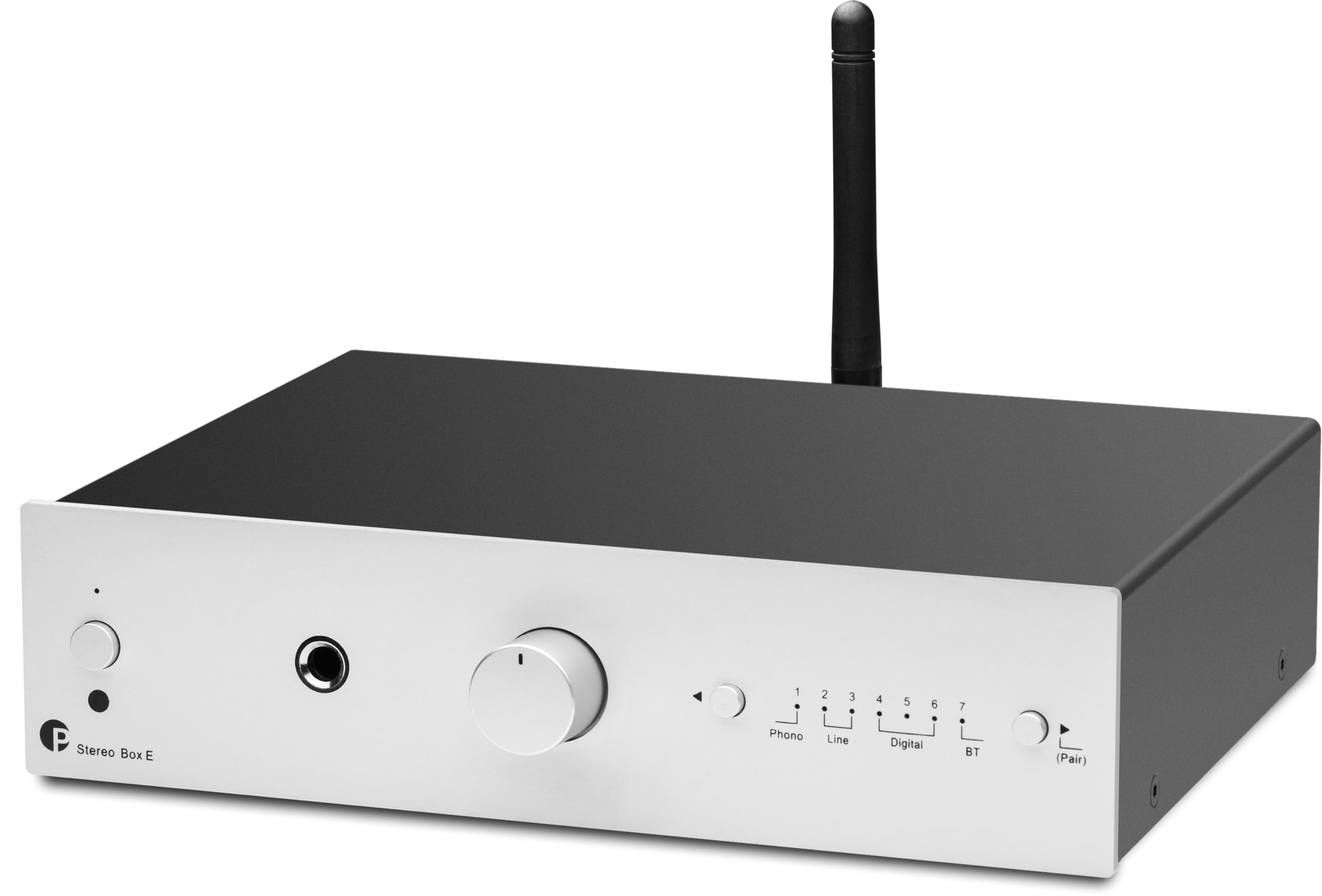Pro-Ject Stereo Box E, amplificatore stereo integrato compatto Hi-Fi con BT 5.0, uscita subwoofer, 2 ottici, 1 x coassiale SPDIF In, 2 x 40 W (argento)