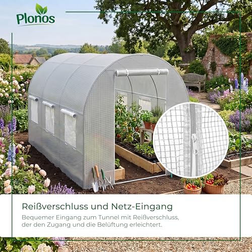 Plonos Garten-Gewächshaus Tunnel 2 × 3 m - 6 m² Folientunnel mit Stahlrahmen | PE-Folie 140 g/m² UV-beständig | 8 Fenster mit Moskitonetz | Pflanzenschutz | Weiß