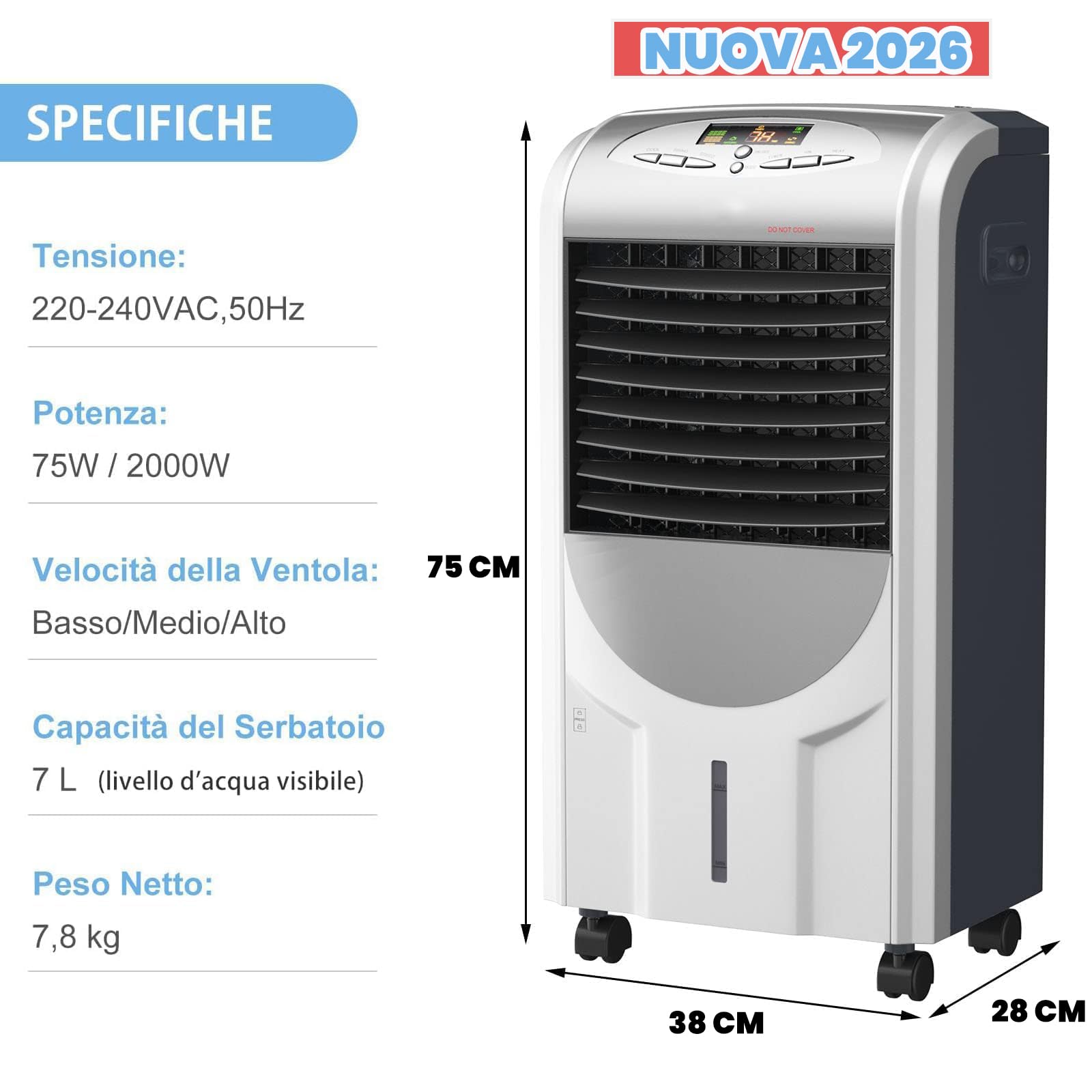 RELAX4LIFE Raffreddatore Evaporativo 5 in 1 Nuova 2026 con Raffreddamento 75W, Riscaldamento 2000W, Umidificatore, Ventilatore, Purificatore d’Aria, Timer 8H, Serbatoio 7L (5in1 Total 7L 2026)
