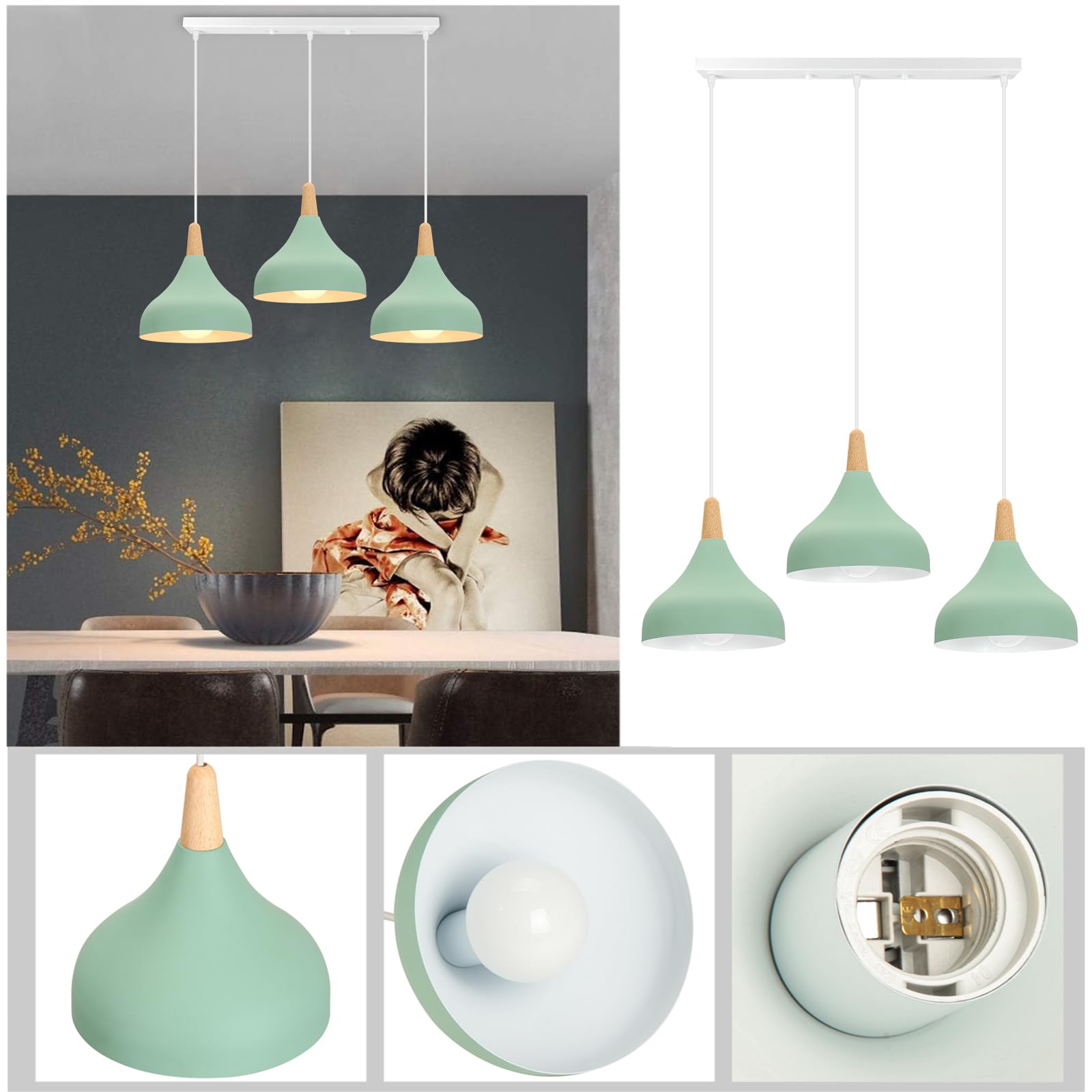 Lampadario A Sospensione retrò A 3 Luci, Stile Moderno E27, Plafoniera in Metallo E Legno per Camera da Letto, Cucina E Arredamento Casa (Giallo Chiaro, Rotondo, 20 Cm) Green Rectangle