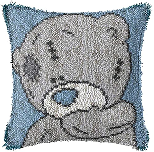 Lee My Bär Kissenbezug Stickerei Set Knüpfkissen Kissenbezug Kissen Zum Selber Knüpfen, Knüpfhaken Knüpfset Für Kinder, Erwachsene Oder Anfänger,Blue Patch Bear,43x43 cm Cover