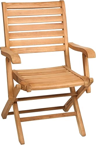 TeakCraft Silla plegable de teca con brazo  Silla de un solo brazo  Totalmente montada  Madera maciza al aire libre, interior  Comedor de madera,