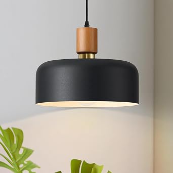 11.6" Black Pendant Light, Walnut Oak Wood & Brass Metal Drum Shade