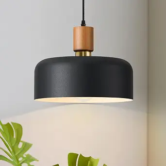 11.8-Inch Black Pendant Light with Walnut Oak Wood and Brass Accent