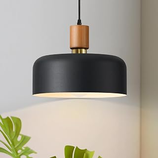 11.8" Black Pendant Light, Walnut Oak Wood & Brass Accent