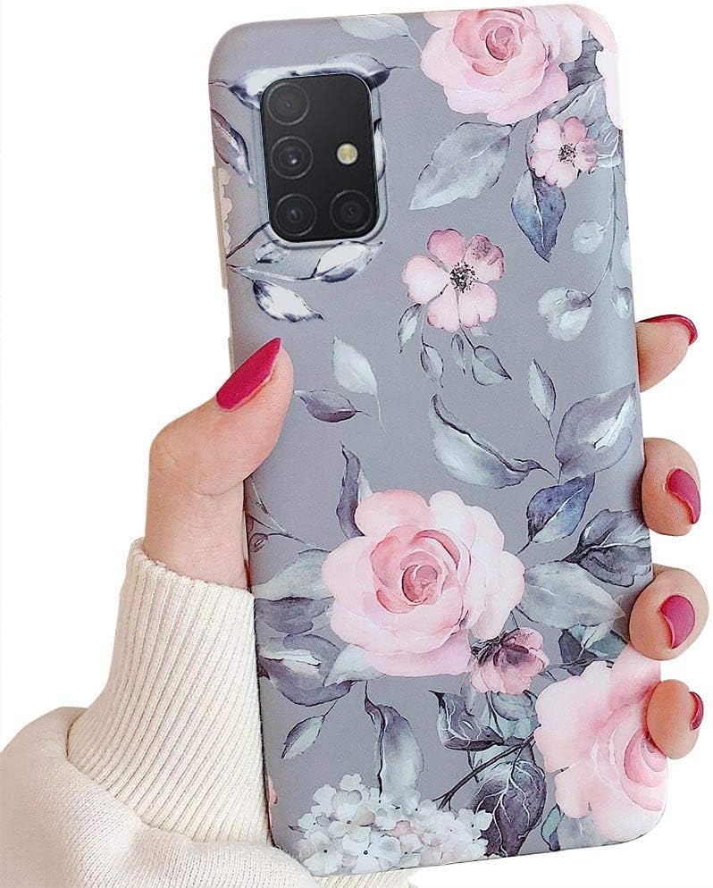 for Samsung Galaxy A51 Phone Case for Women Girls,Soft Slim Fit Full-Around Protective Cute Case with Floral Purple Gray Leaves Pattern for Samsung GalaxyA51 (NOT Fit A51 5G)(Pink Flowers)
