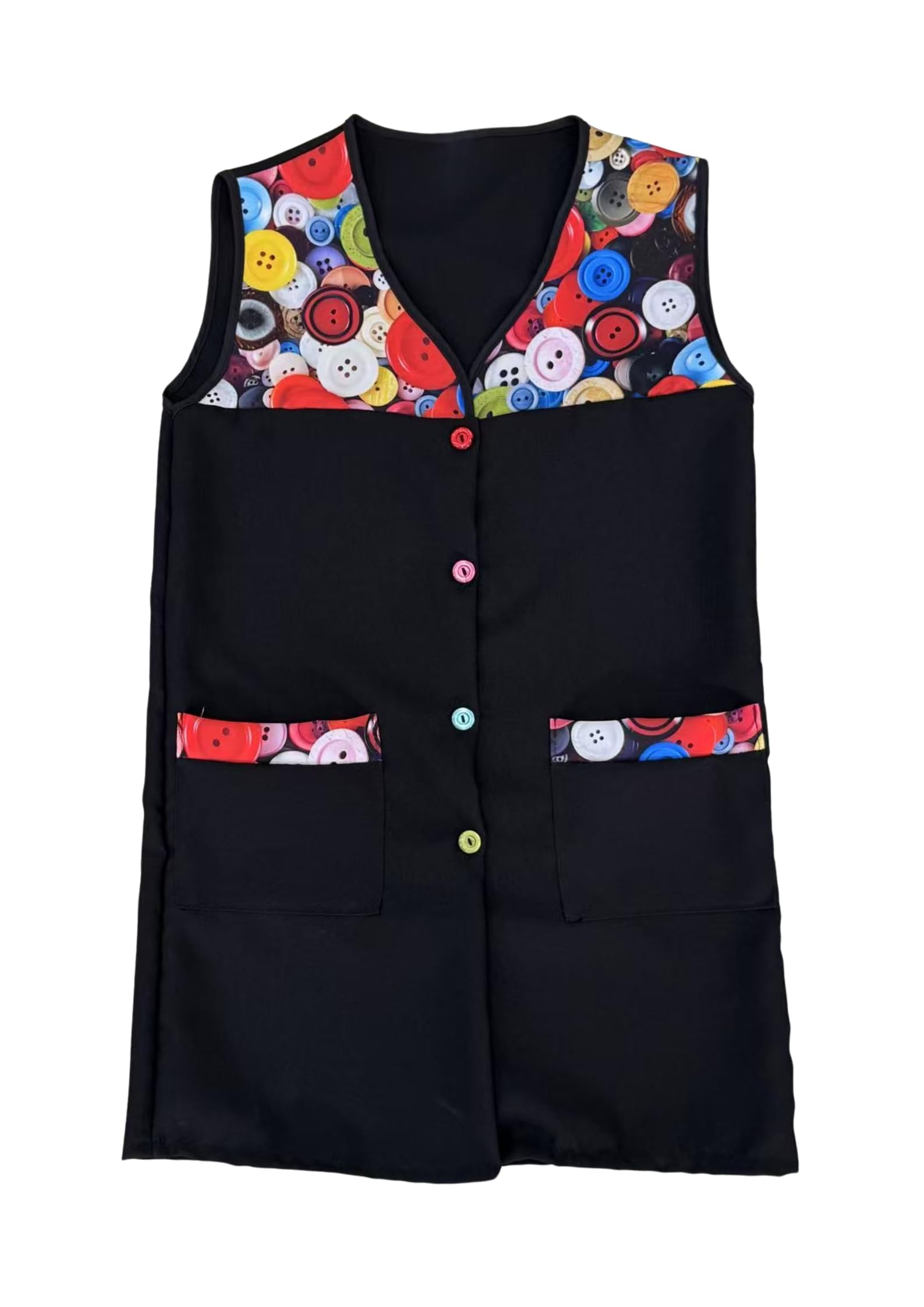 Victory Casaca Escolar Sin Mangas Mujer Botones Multicolor Delantal Mandil Chaleco Estampado Tres Bolsillos Uniforme Maestra Peluquera Auxiliar Limpieza Cuidado Infantil Lavable – SERIE 7061
