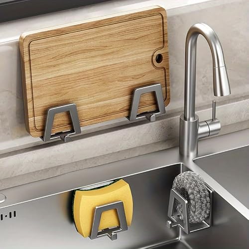 Miniatura 4 de Estante Resistente De Acero Al Carbono Para Secado De Esponja Y Jabón, Organizador De Fregadero Autoadhesivo Montado En La Pared, Ganchos De Almacenamiento De Cocina Para Drenaje Gris