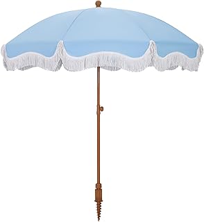 7ft Heavy Duty Beach Umbrella with Sand Anchor, Fringe Umbrella for Sand...