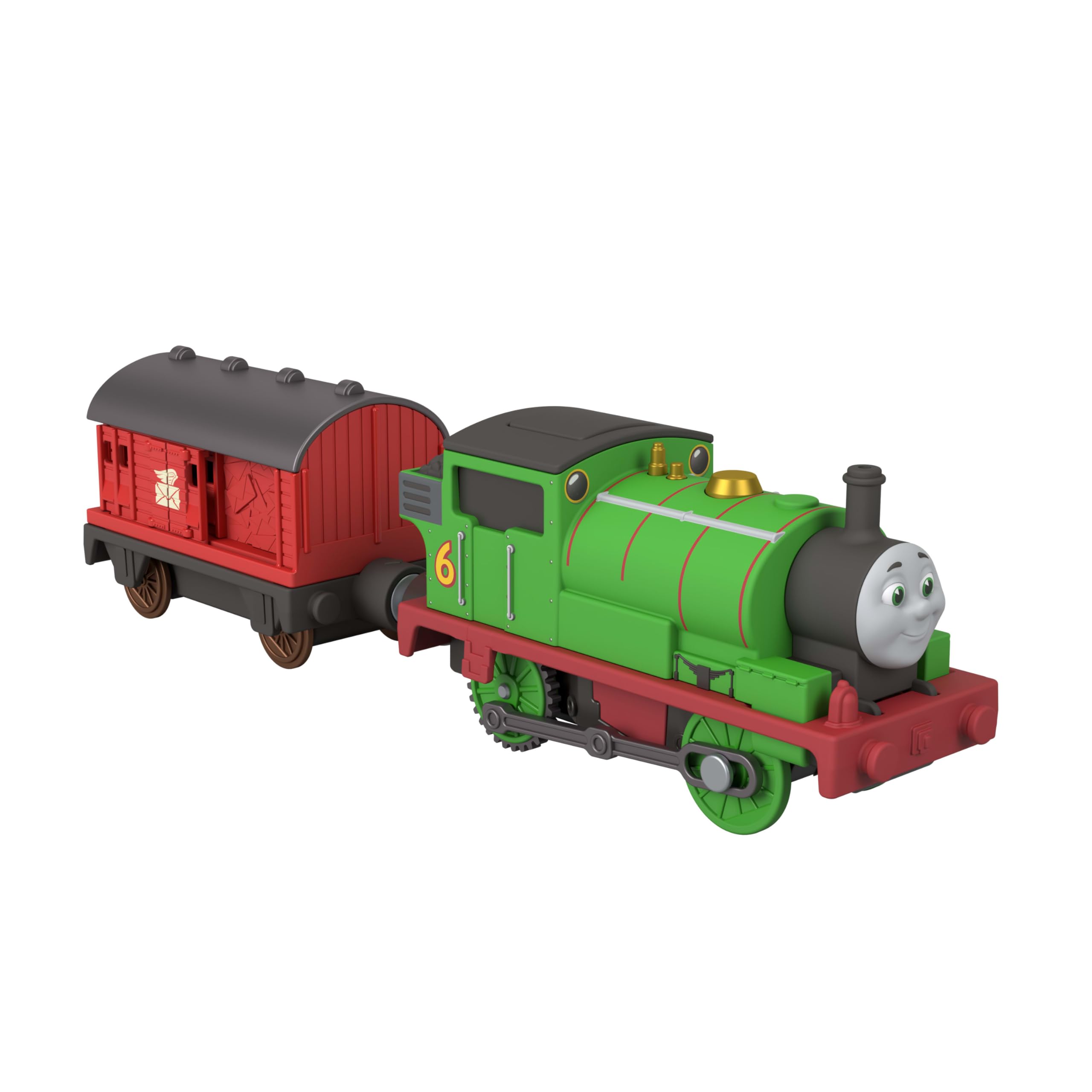 Fisher-Price Thomas i Przyjaciele Percy i wagon pocztowy | Zasilana bateriami lokomotywa i wagon towarowy dla przedszkolaków, klasyczna postać z serii kolejowej, JLL46
