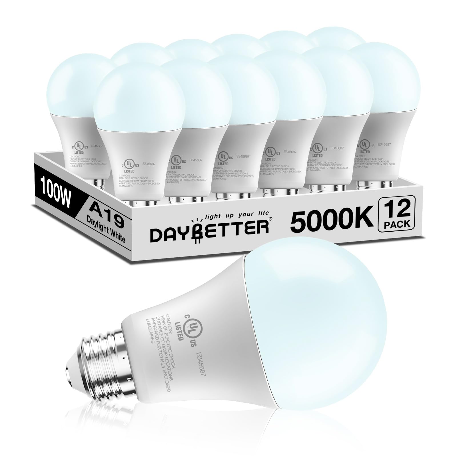 DAYBETTER LED Light Bulbs, A19 5000K Daylight Light Bulbs 100 Watt Equivalent, 1500LM Bright White Light Bulbs, E26 Standard Base, Non-Dimmable, 15 Watt Lightbulbs for Home Office, 12 Pack