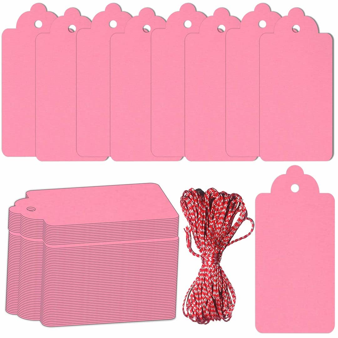 CVANU Gift Tag Color Paper with Thread for Festive Decoration, Party Celebration DarkPink (1.5inch X 3.2inch)(200pc)