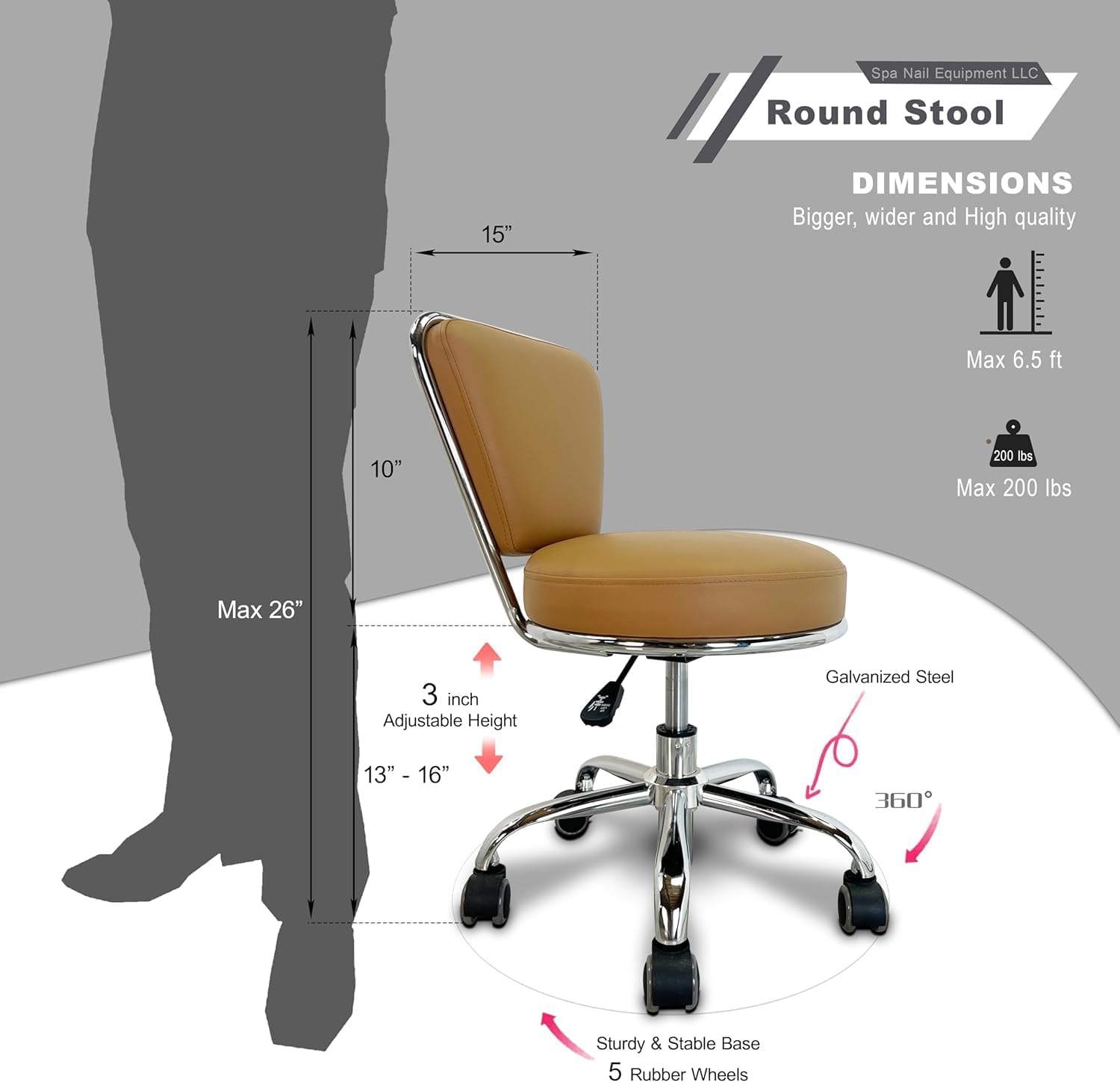 Adjustable Rolling Stool with Backrest – Ergonomic Swivel Chair with Wheels for Nail Tech, Bathroom, Makeup, Spa, Office – Grey PU Leather Pedicure Technician Stool (Capuchino)