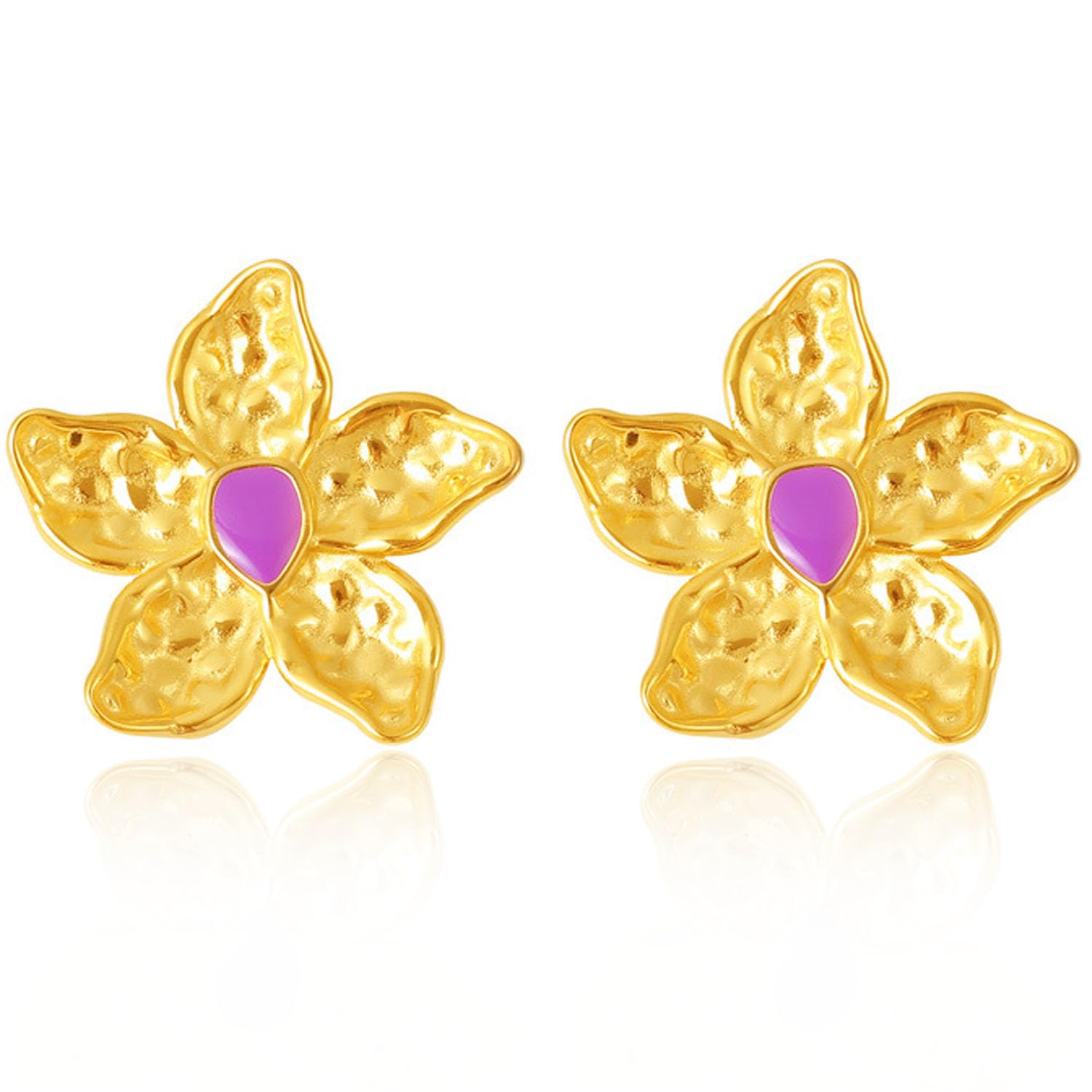 Aksod 18k Gold Plated Flower Earrings Studs Stainless Steels Texture Petals Earrings Trendy Metallic Floral Earrings for Women