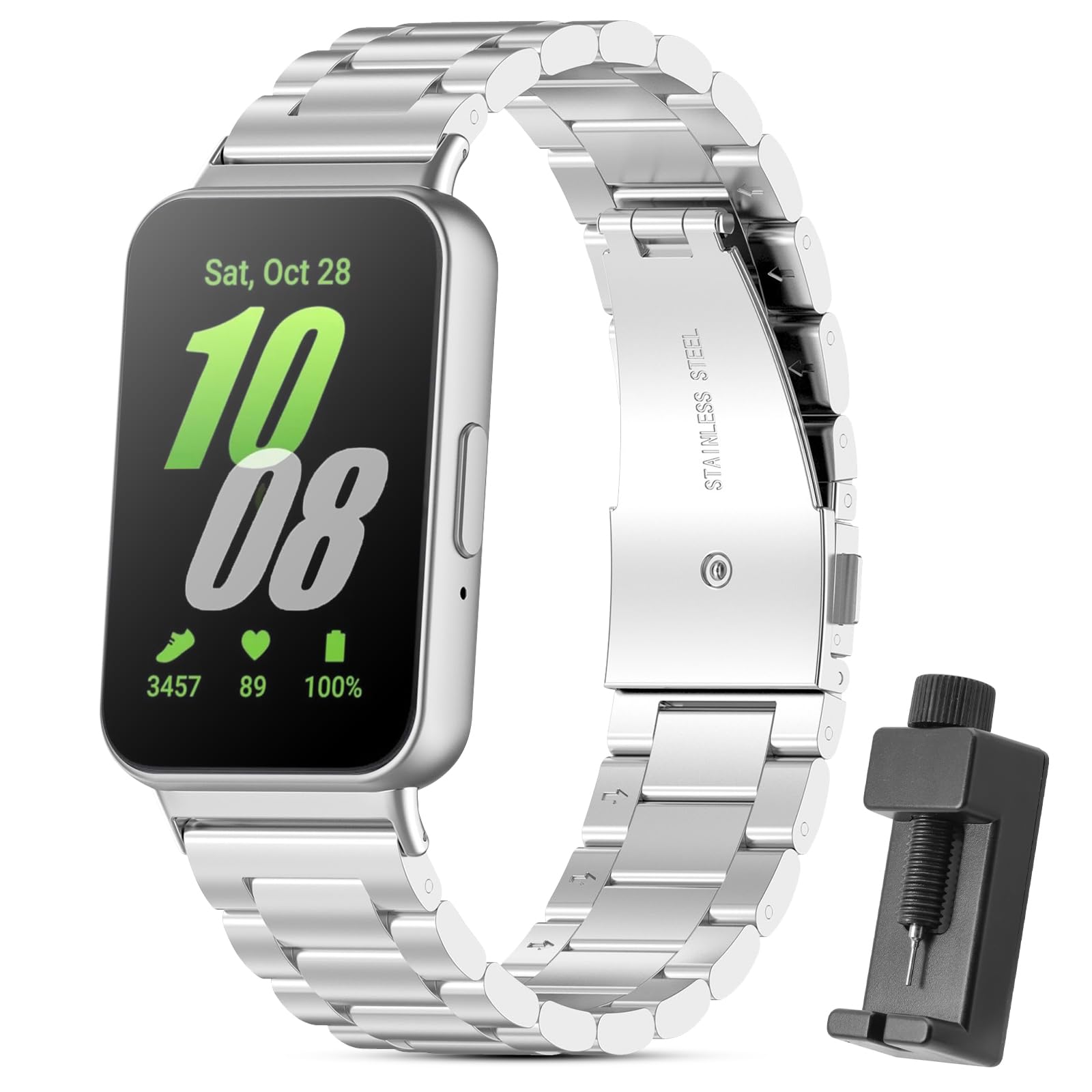 CHULN Correa de Metal Compatible con Samsung Galaxy Fit 3, Ajustable Pulsera de Repuesto de Acero Inoxidable para Galaxy Fit 3.(No Host)
