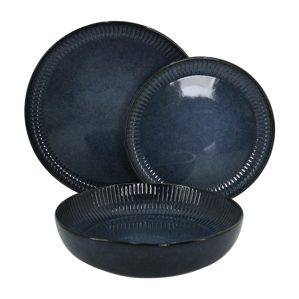 WeHome - Servizio piatto 6 Persone, Set 18 Pezzi, Piatti Colorati Ceramica Modello Erika, Moderni 3 Misure, Lavabile In Lavastoviglie, Compatibile Con Forno A Microonde (Blu)