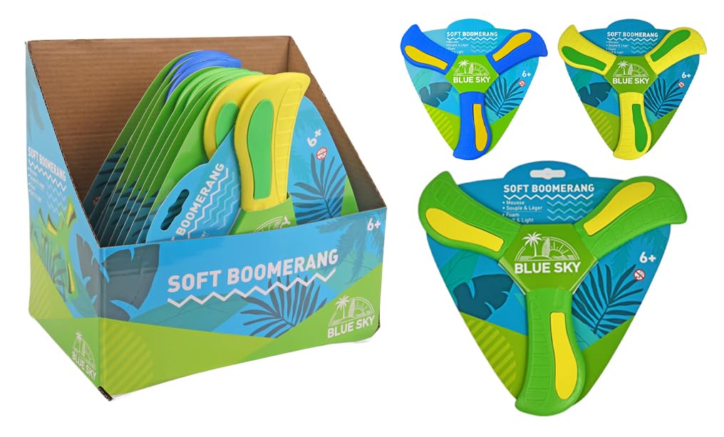 BLUE SKY - Bumerang - Gra na świeżym powietrzu - 047705 - Kolor losowy - Pianka - 23 cm - Zabawka dla dzieci i dorosłych - Miękki - Lekki - Wewnątrz - Na zewnątrz - Gra rzutowa - Wewnątrz - Od 6 lat