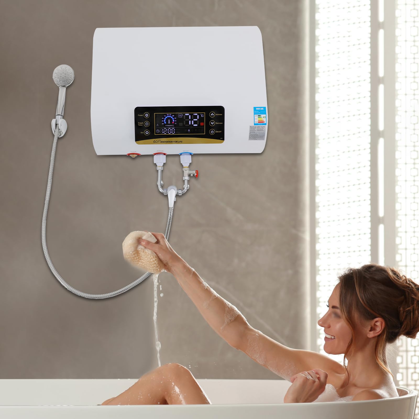 Serbatoio per acqua calda elettrica da 80 l, 220 V, scaldabagno a parete, con termostato, 30 – 75 °C, con unità doccia e dispositivo di protezione contro le perdite