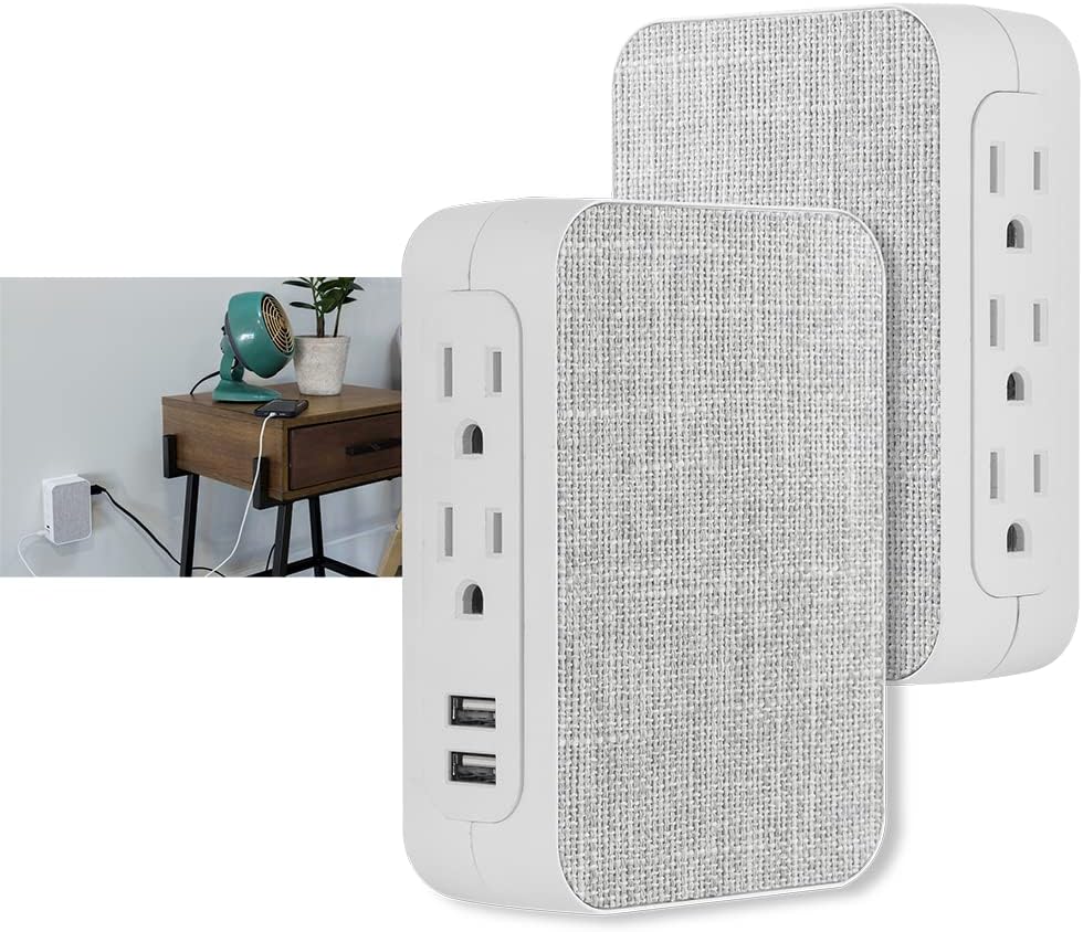 GE Pro 5-Outlet Extender with 2 USB Ports, 2 Pack, Surge Protector, Side Access, Fabric Wall Tap Adapter, 3-Prong, 560 Joules, 2.4 AMP/12 Watt Ultra-Charge, Warranty, UL Listed, White/Gray, 56214