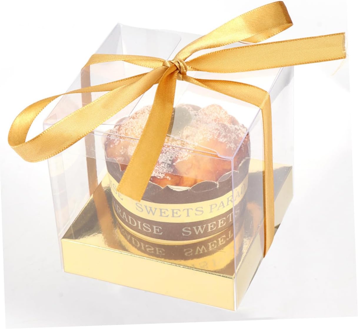 jojofuny Pvc Food Wrapping Cake Boxes with Gold Ribbon 9x9x9cm 24pcs Folding Dessert Storage Cases for Bakery Party Wedding