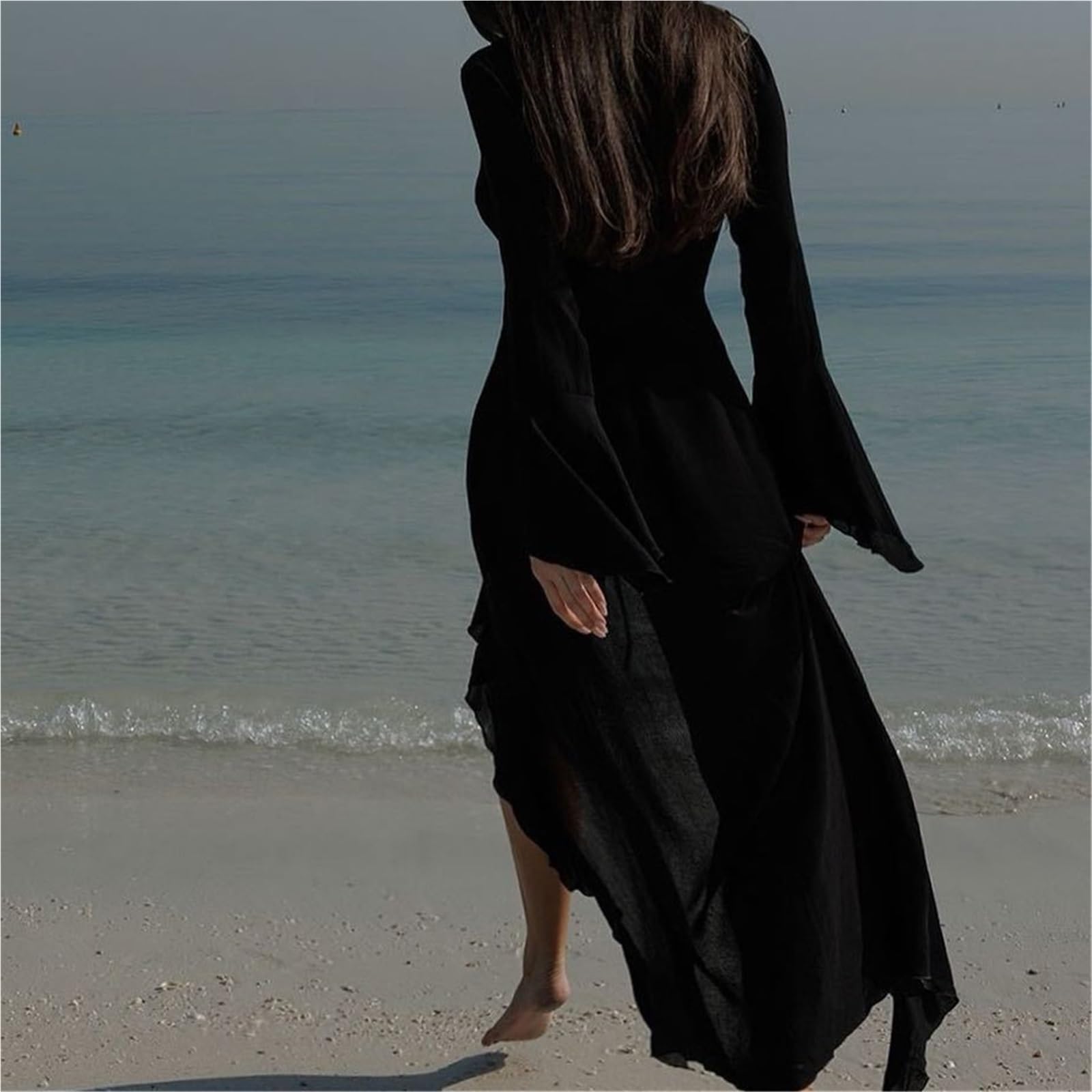 Copricostume Lungo in Chiffon Copricostume da Spiaggia a Tunica in Chiffon a Maniche Lunghe con Volant Scollo a V. Abito Donna, Abbigliamento Femminile