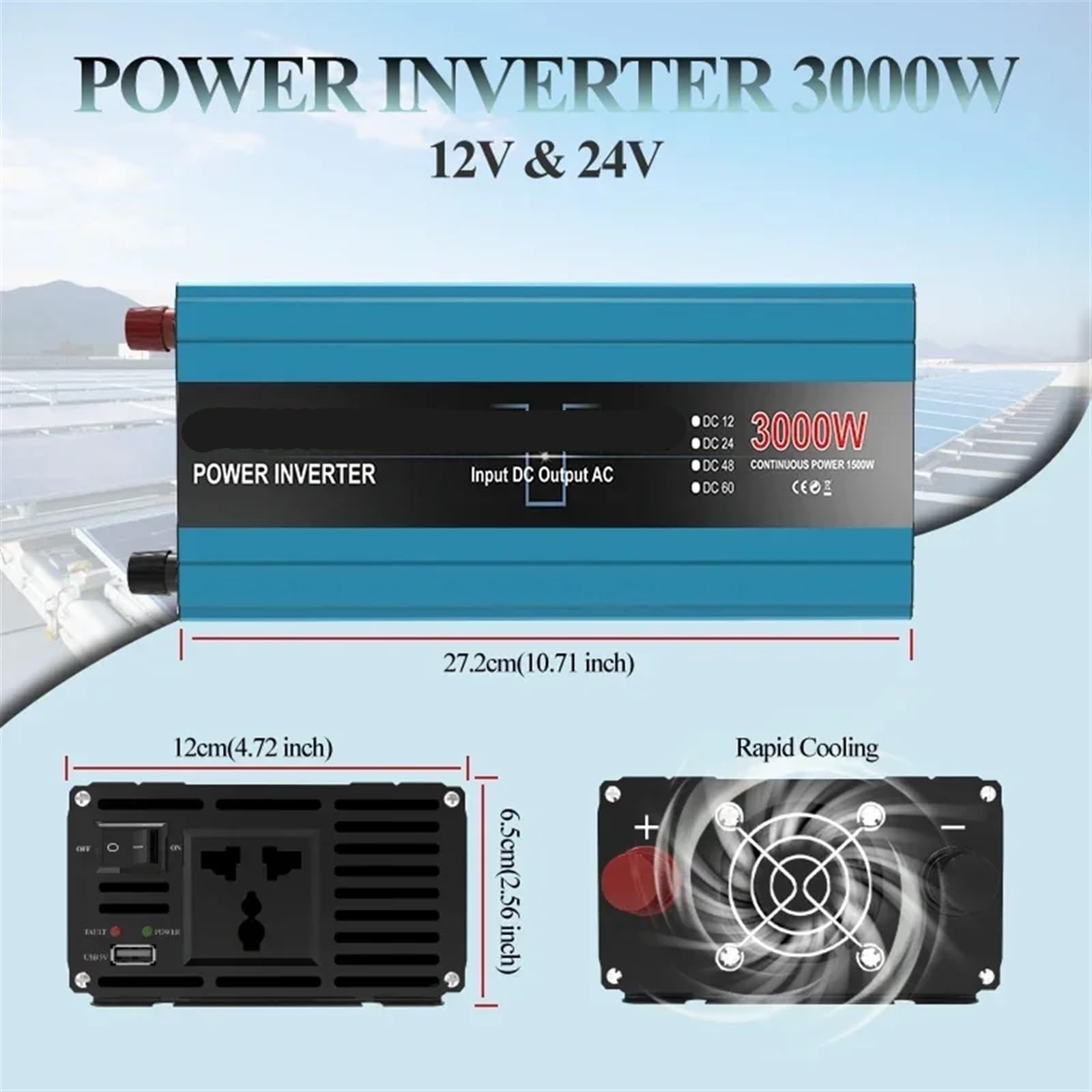 Modyfikowany falownik sinusoidalny DC 12V/24V do v 1500W konwerter mocy szczytowej 3000 W falowniki napięcia 50 Hz transformator samochodowy solarny,Stabilna konwersja mocy