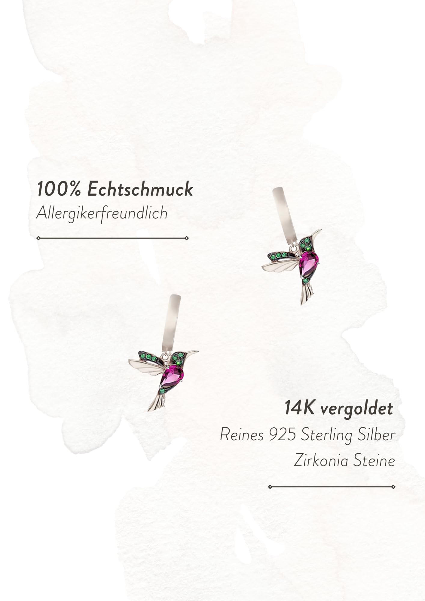 Einzelstück® Kolibri Hoops I 925 Sterling Silber Ohrringe im Vogel Design I Kreolen mit grünen und pinken Zirkonia Steinen I 14K Gold & Rosegold I Allergikerfreundlicher Echtschmuck