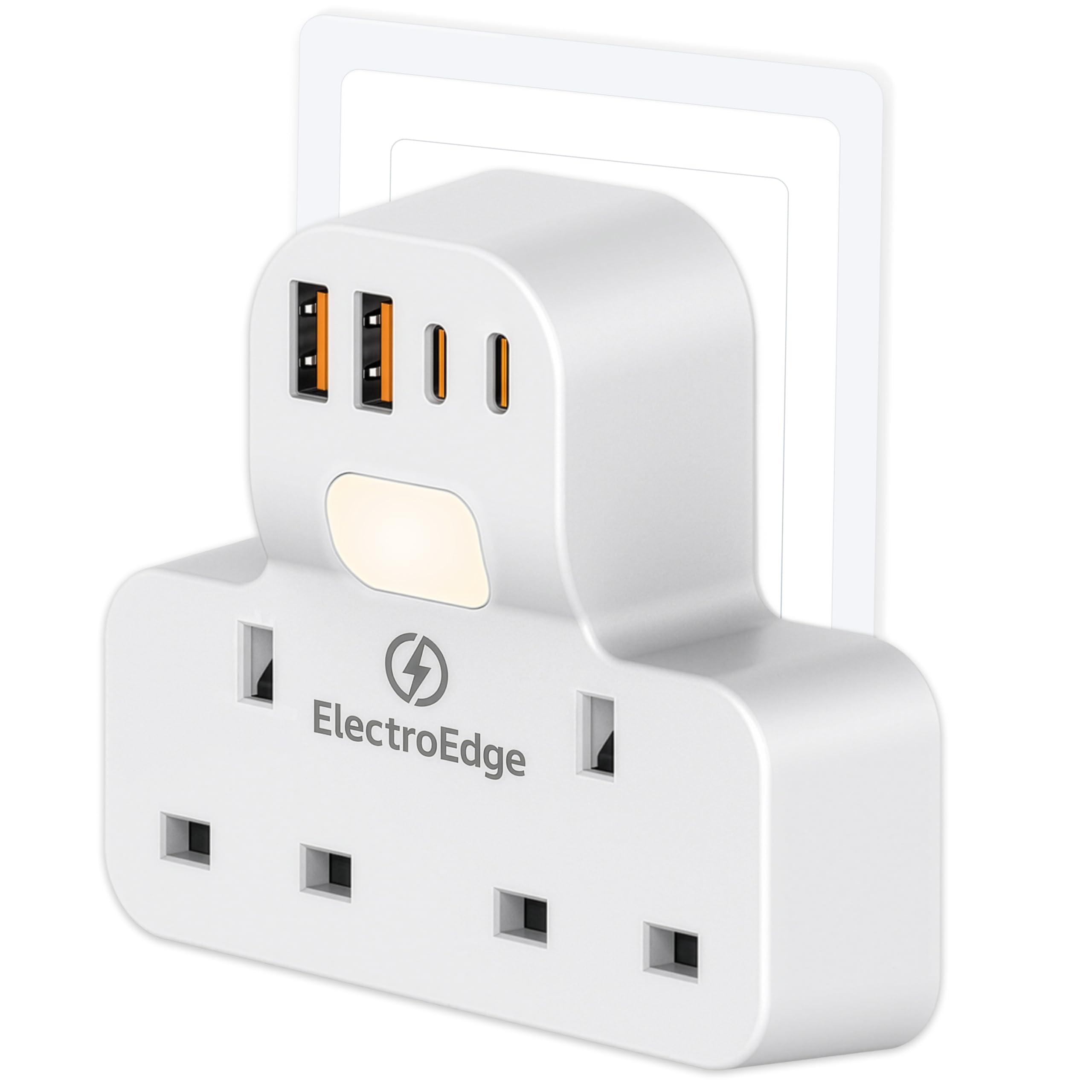 Extension Plug -ElectroEdge, Fast Charging PD20W USB ports & Built-in Nightlight. 6-in-1 socket adapter, 2 Type-C & 2 USB-A, 13A UK plugs, wall socket power strip for Home, Office, Kitchen, University