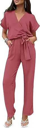 PRETTYGARDEN Women's Summer One Piece Jumpsuits Belted Short Sleeve Wrap V Neck Fashion Dressy Casual Wide Leg Pants Romper