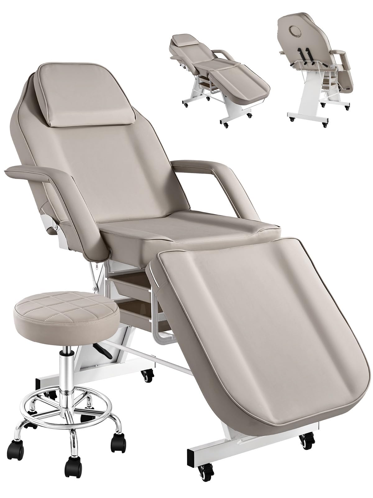 Hicomony Tattoo Chair for Client with Rolling Stool and Wheels, Tattoo Bed Adjustable Beauty Salon Spa Table 360 Swivel Facial Beds for Esthetician