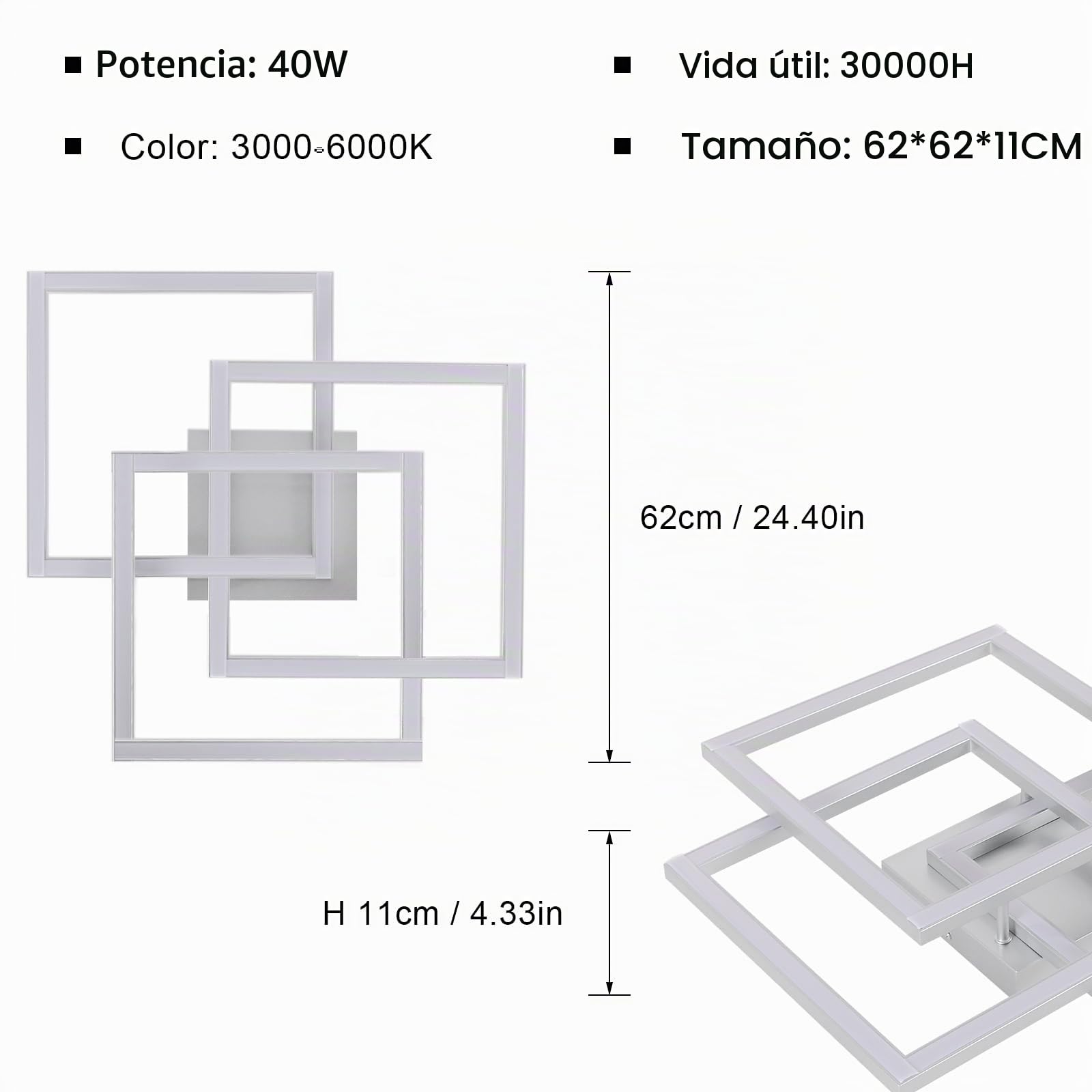 62CM Plafon LED Techo Regulable con Mando a Distancia 40W, Plateado | Lámparas de Techo 40W 4500LM, Moderno Luz de Techo Plateado Cuadrado 3000K-6500K para Dormitorio Cocina Comedor
