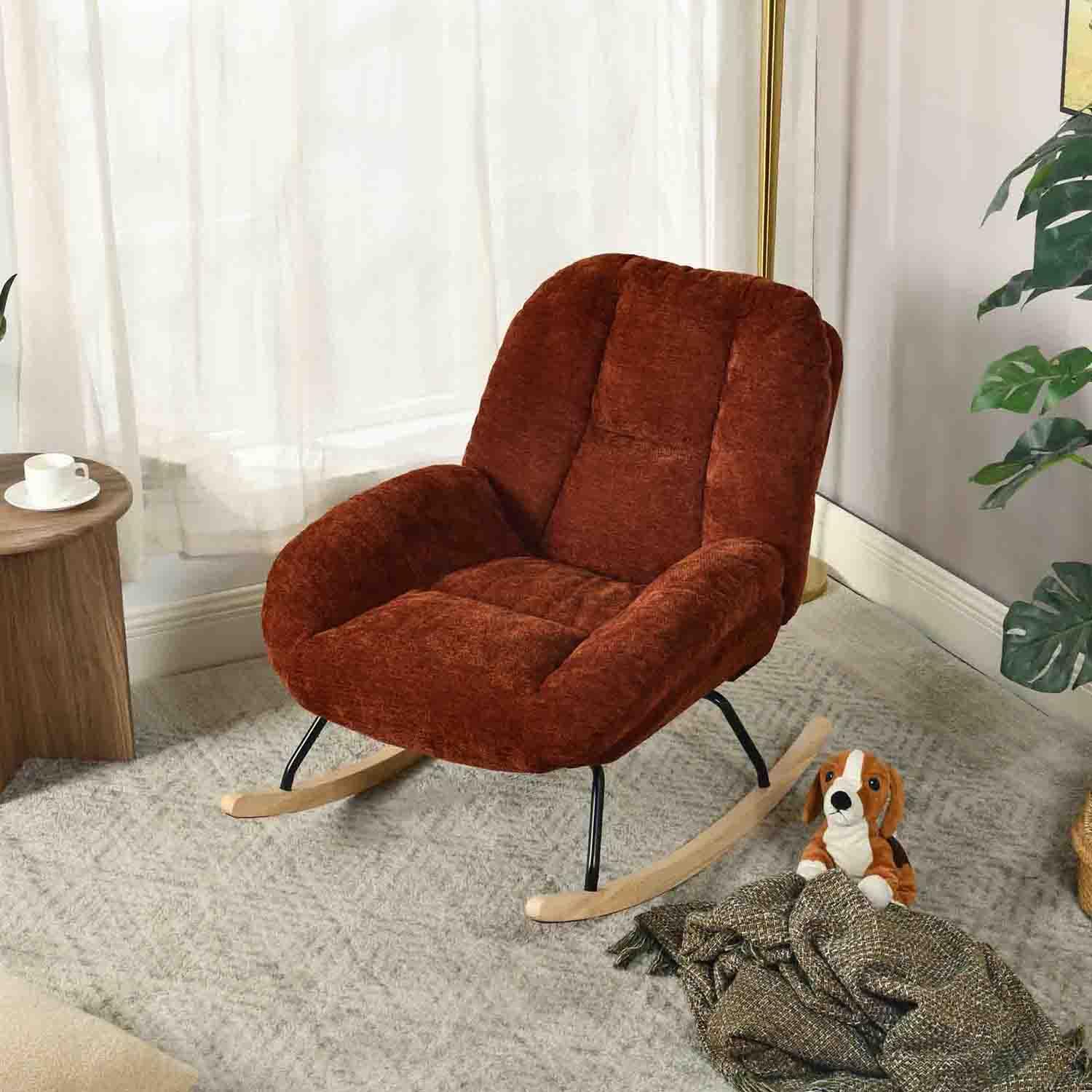 Silla Mecedora Acolchada, sillón Relax con Respaldo y Asiento Extra Ancho de Tissu Chenille, para salón o Dormitorio, Patas de Madera, Color Rojo
