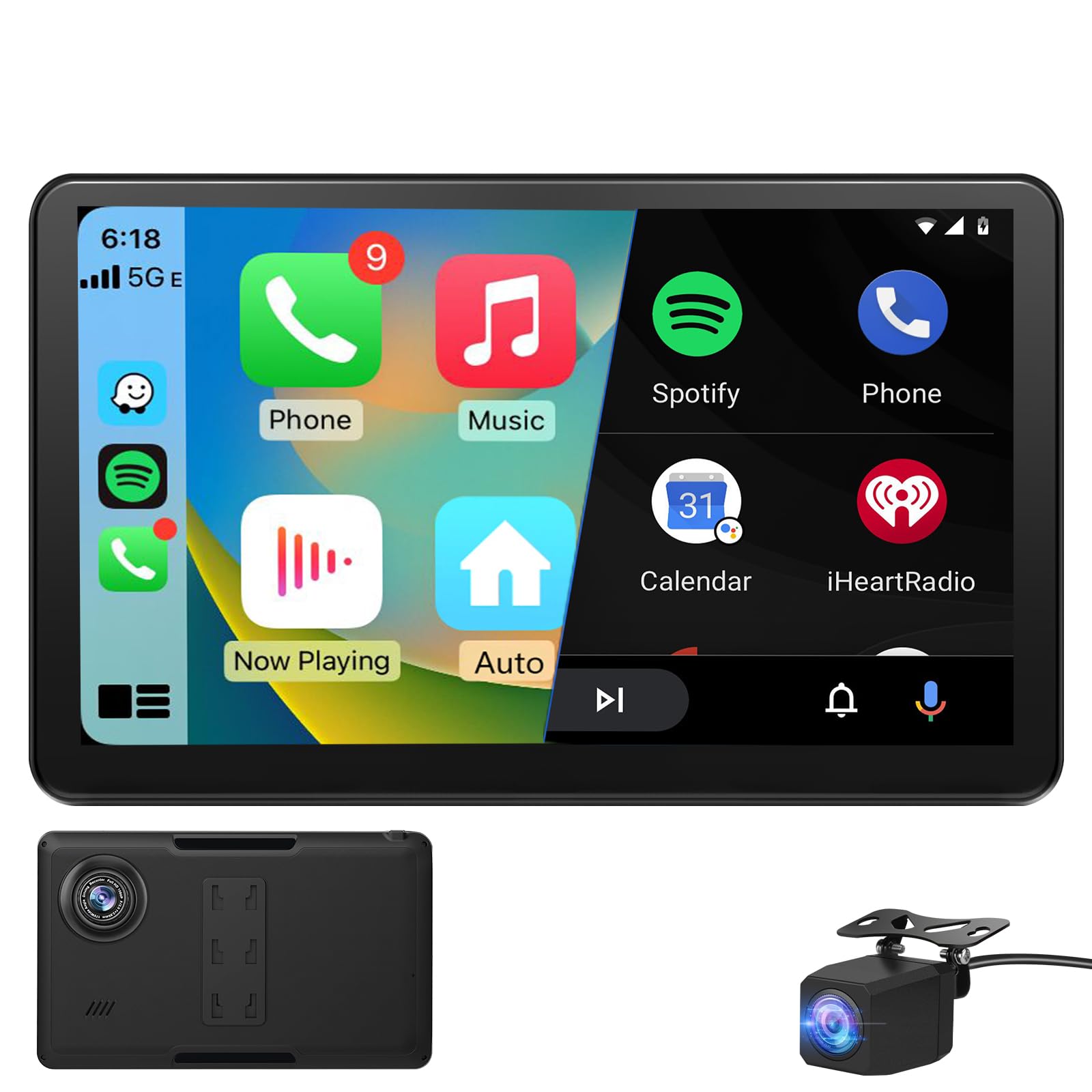 Écran Tactile 9" CarPlay Android Auto Sans Fil + Dashcam 4K Caméra Arrière pour Voiture