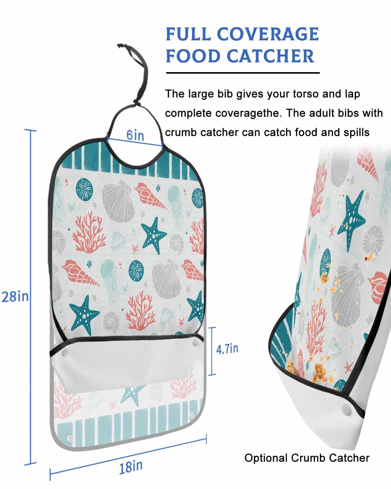 LEOKOTI Teal Red Coastal Adult Bibs for Eating, Waterproof Bibs with Food Catcher & Adjustable Snap Closure, Ocean Nautical Starfish Coral Striped Washable Clothing Protectors Adult Bibs for Elderly