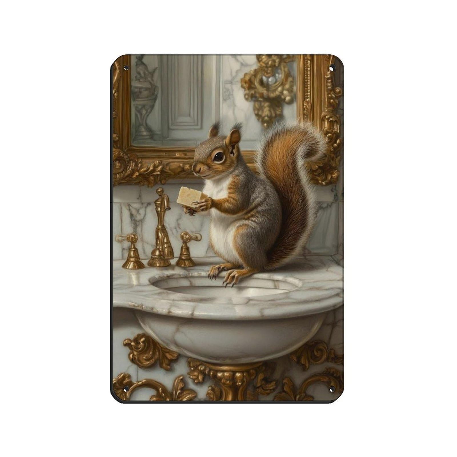 Lxwnze 20L X 30W Cm Whimsical Squirrel, Squirrel In Bathroom Retro Poster Metal Tin Sign Chic Art Retro Iron Painting Bar People Cave Cafe Family Garage Poster Wall Decoration 8X12inch(20X30cm)