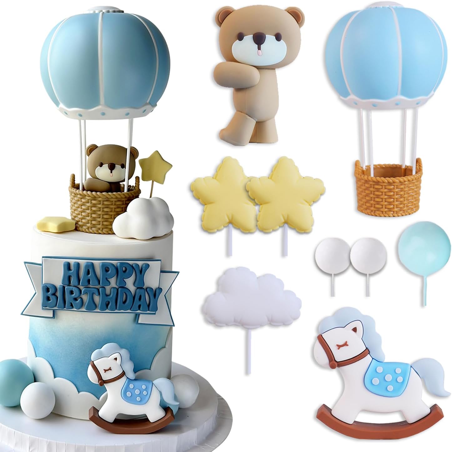Bear Cake Topper Set for Birthday – Looking-Back Bear with Bow, Blue Hot Air Balloon with Basket, Blue Rocking Horse, White Cloud, Yellow Stars, Foam Balls – Whimsical and Cute Cake Decorations
