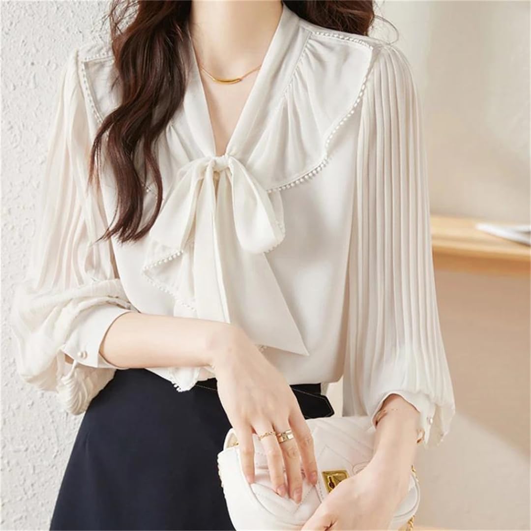 Camisa de oficina de manga larga para mujer, para primavera y otoño, con lazo, color liso